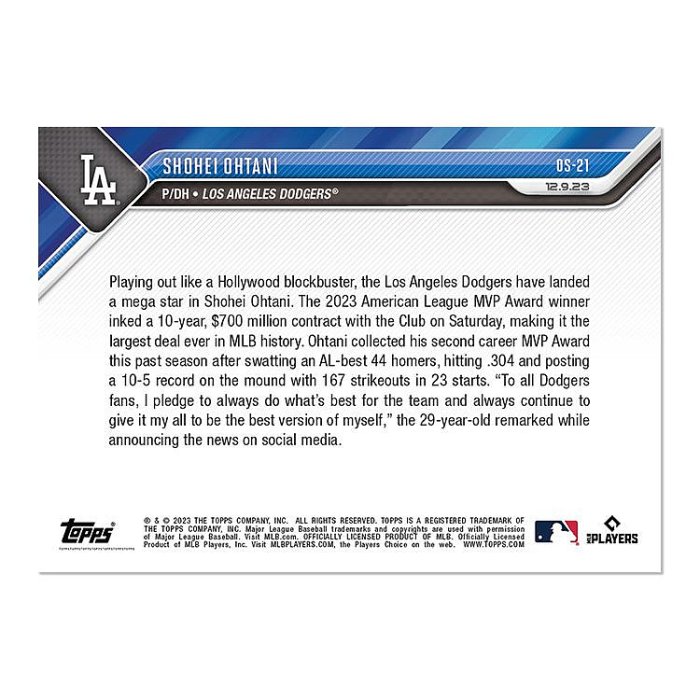 大谷翔平球員卡2023 MLB TOPPS NOW Card OS-21 與道奇簽下十年七