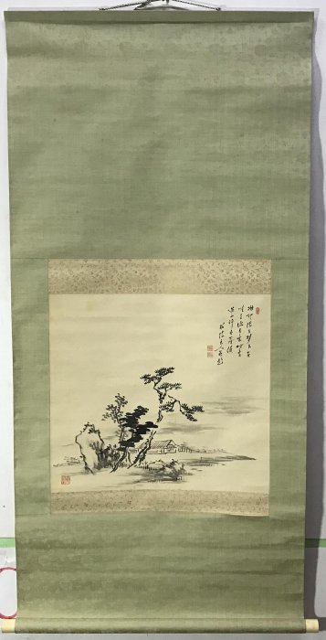 藏舊尋寶屋】老日本落款畫家作提字「山水圖」水墨畫/畫軸/掛軸《絹本