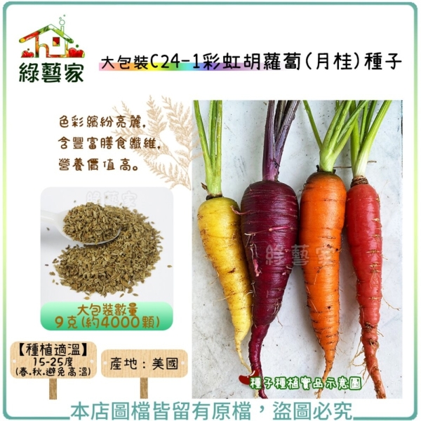 【綠藝家】00C24-1.大包裝.彩虹胡蘿蔔(月桂)種子9克(約4000顆)(色彩繽紛亮麗，含豐富膳食纖維，營養