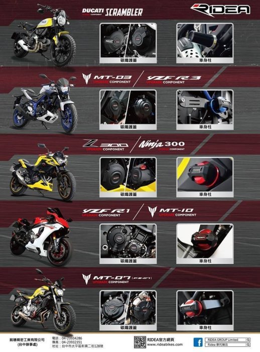 {侑新車業} Ridea MT-09(Tracer)、XSR900、MT-10、R1(2015)碳纖維護蓋