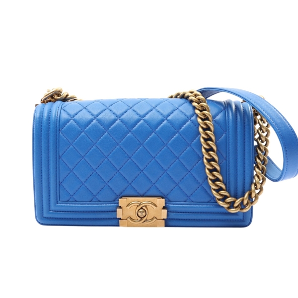 CHANEL 香奈兒 藍色 菱格紋羊皮 Boy 25 肩背包 鍊帶 【二手名牌BRAND OFF】