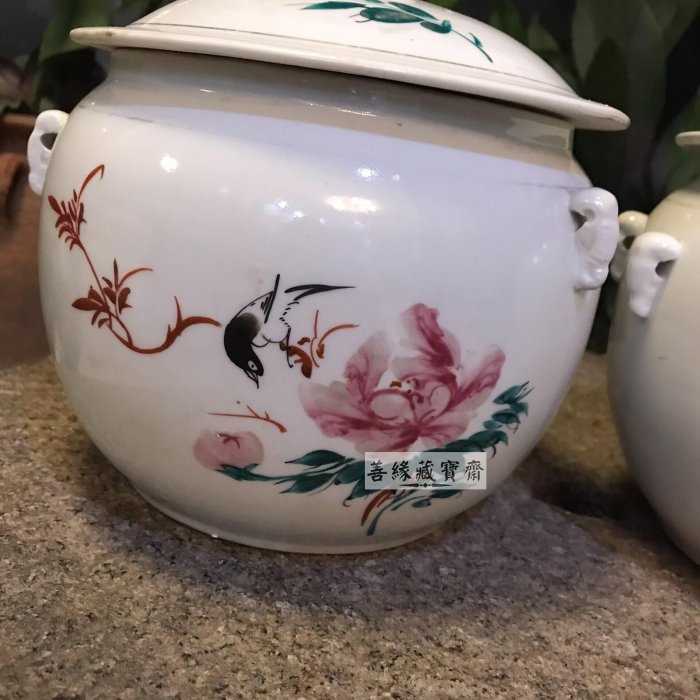 花鳥粥罐 復古手繪花鳥粥罐一對七〇年代懷舊擺件家居裝飾收藏品18cm典雅陶瓷罐