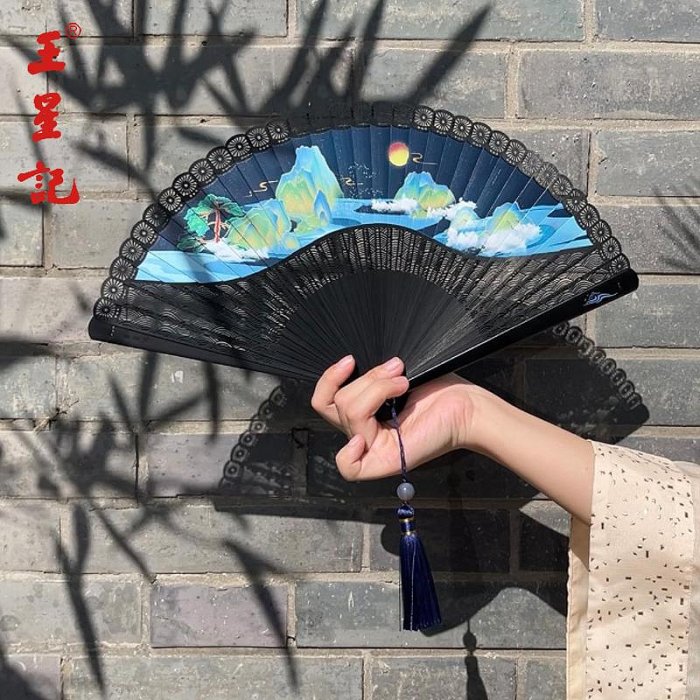 王星記扇子河韻江山噴繪全竹扇古風女式折扇杭州工藝扇禮盒包裝~匯得利