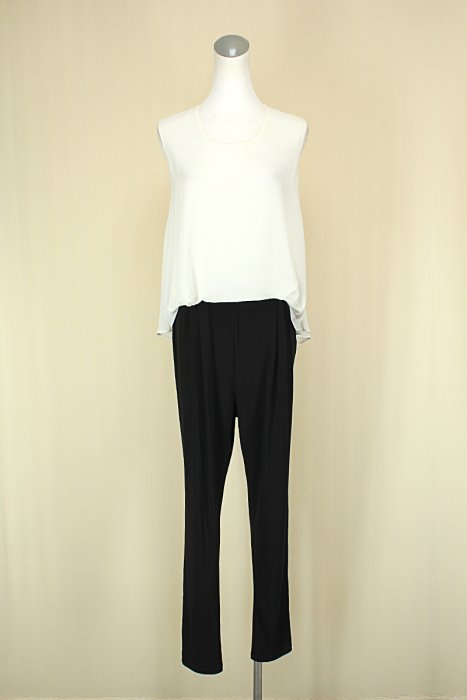 貞新二手衣 MOMA 專櫃 米白圓領無袖蕾絲雪紡紗蕾絲牛奶絲連身褲L(38號)(46871)