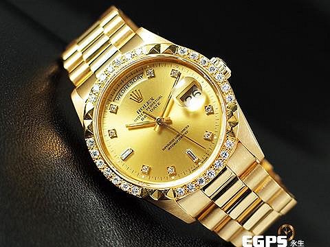 【永生流當品】ROLEX 勞力士 DAY-DATE 蠔式星期日誌型 DD 36 18238 原廠鑲嵌鑽石時標 金色面盤 精鑲金字塔鑽圈 QAV0768