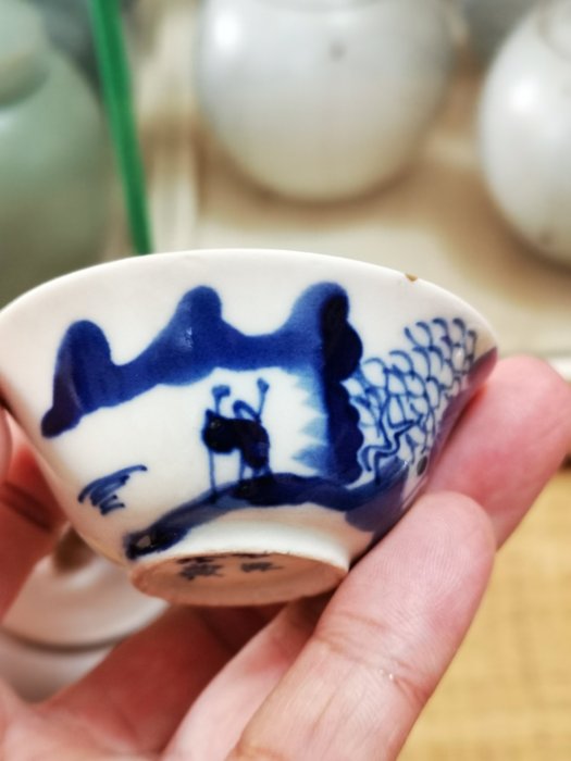 如是觀---茶具專櫃} 清末民初若深杯漁樵耕讀青花杯正開門老件若深珍藏