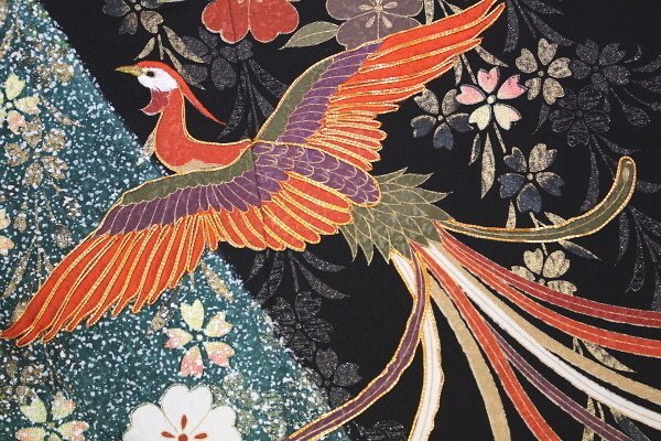 振袖 身丈162.5cm 京友禅 豪華 鳳凰 桜に水文 エ霞 黒 金彩 振袖 身丈162.5cm 京友禅 豪華 鳳凰 桜に水文 エ霞 黒 金彩