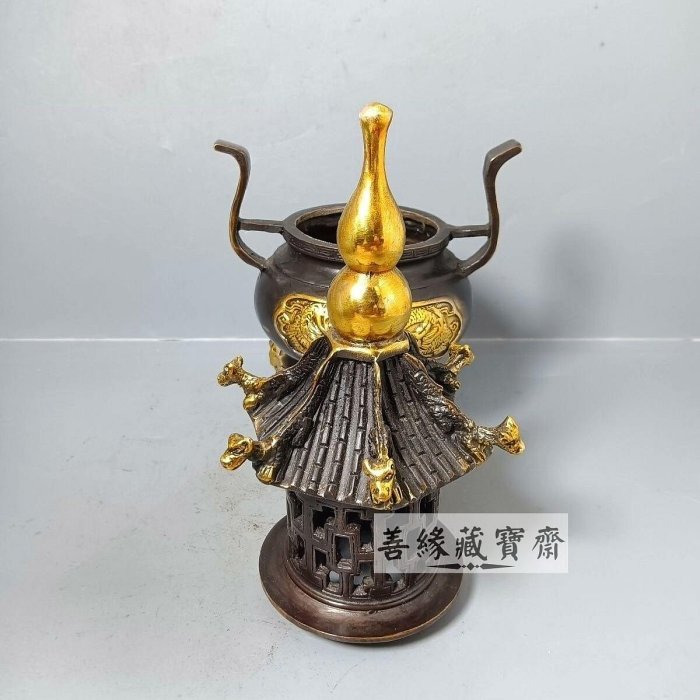 黃銅太上老君煉丹爐雙龍戲珠三足鼎家居供奉擺件熏香爐招財開運佛教道教