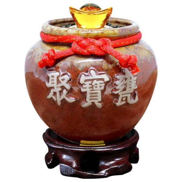 聚宝盆 吉祥開運坊】陶瓷聚寶盆【招財聚寶盆聚寶甕附五色石元寶招財符實木座