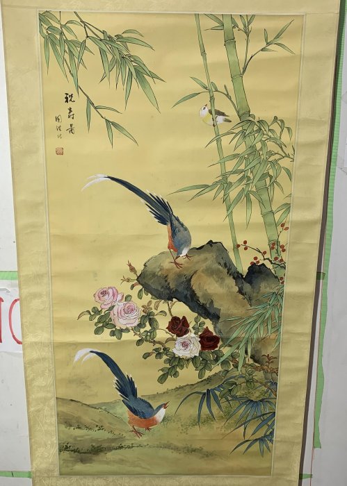藏舊尋寶屋】老日本畫家落款「秋花鳥山水」水墨畫/彩色/畫軸