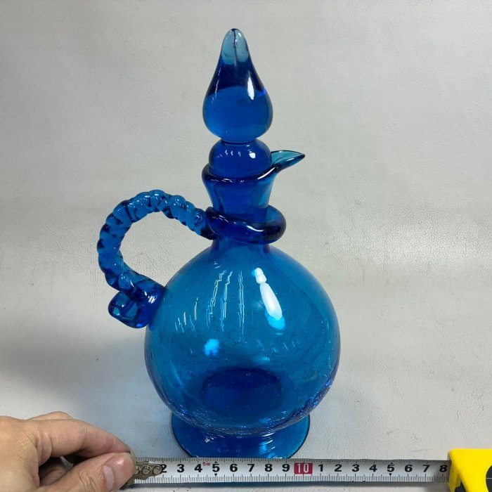 藏舊尋寶屋】老日本沖繩琉球藍色玻璃水壺/花瓶具有獨特的壺蓋和帶紋理