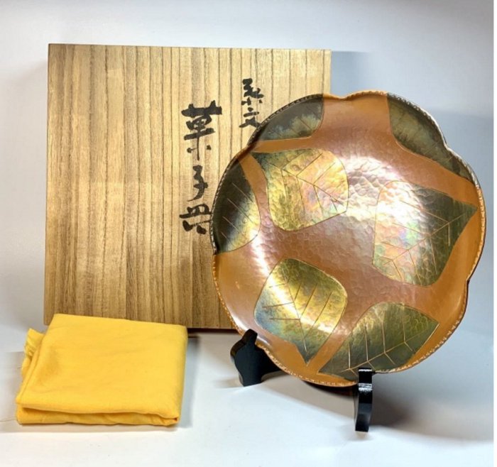 茶太初] 日本玉川堂錘起銅器葉紋菓子器直徑21.5公分| Yahoo拍賣