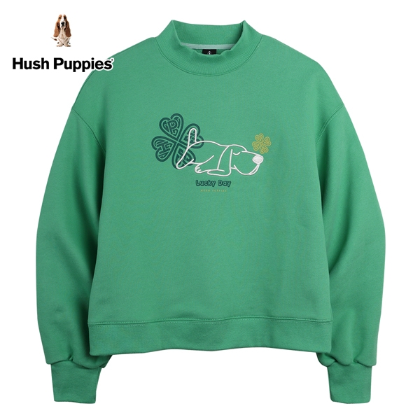 Hush Puppies 上衣 女裝幸運草印花趴趴狗短版落肩長袖上衣