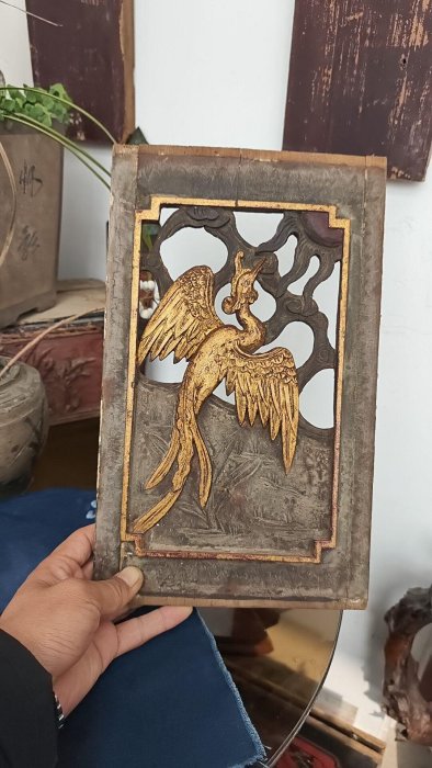清代【有鳳來儀】木雕花板一片浮雕工藝老鎏金雕工精細美麗鳳凰生動活現