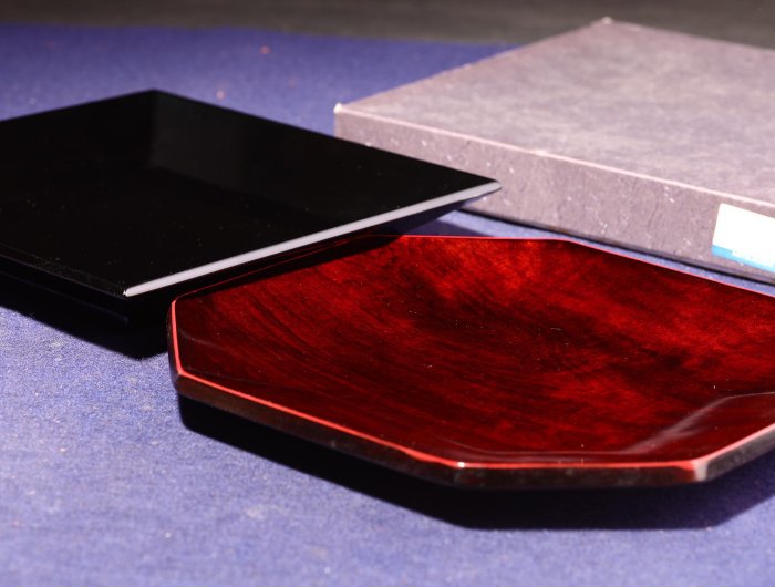 4/27結標名塗師助田宗明等四方塗茶盆菓子盆兩件ADD0649 -茶道具