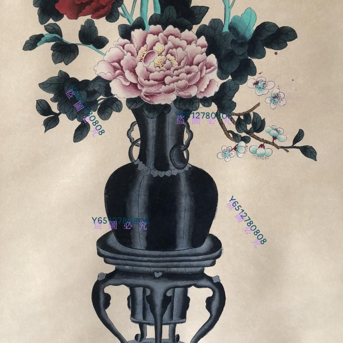 L45【郎世寧】花瓶四尺純手繪作品，一物一圖裱好尺寸200*90cm畫芯尺寸