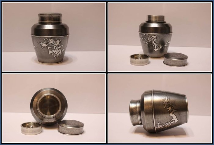 勇福堂》】日本茶道具－間村自造款【古錫製四君子紋茶器三件（茶