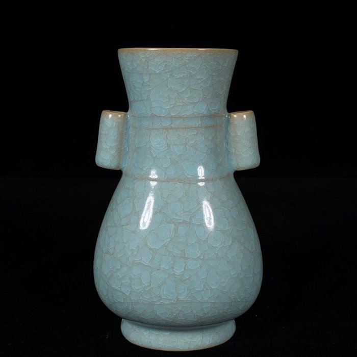 宋汝窯冰裂紋貫耳瓶，高15直徑9cm，500641 瓷器官窯汝窯【古雲