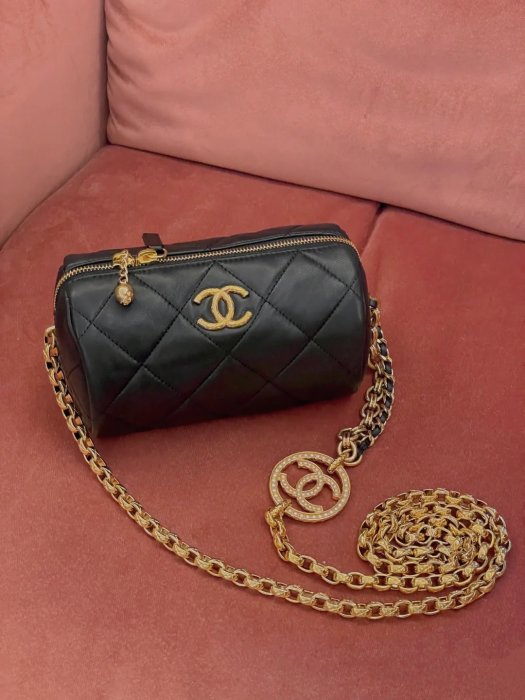 【翰貝格名牌館】全新真品 CHANEL 22A 黑色 菱格紋 迷你 鍊條 圓筒包 保齡球包 AS3384