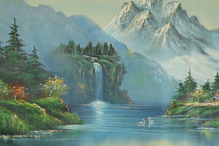 玖隆蕭松和挖寶網L》瀑布流水雪山天鵝風景山景油畫(07136) | Yahoo拍賣