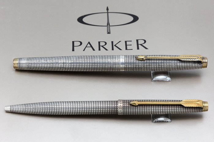 早期】美國製1990s PARKER派克75型純銀格原子筆+鋼筆14K/F尖(對筆