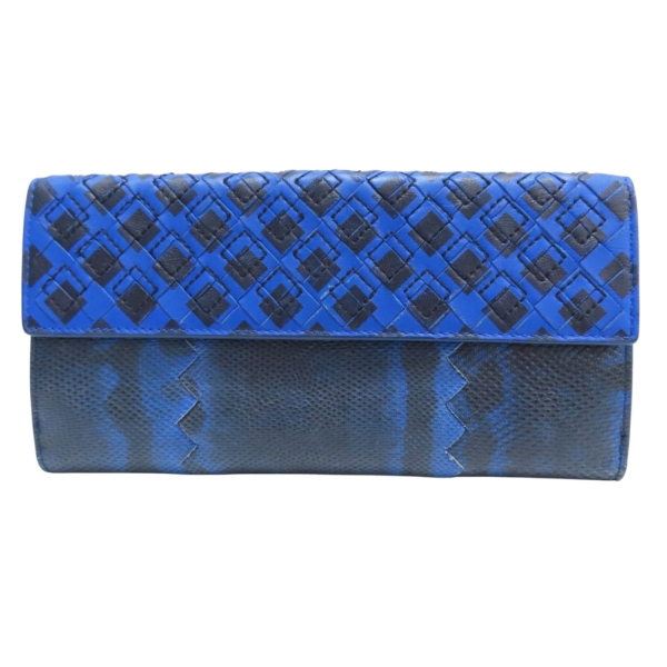 BOTTEGA VENETA BV 寶緹嘉 藍色 雙皮革 釦式長夾 【二手名牌BRAND OFF】
