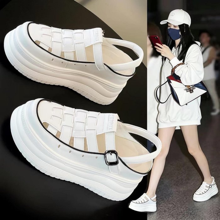 新款真皮女鞋 輕量 內增高 8CM 厚底 真皮涼鞋女 真皮羅馬涼鞋 松糕鞋 真皮洞洞鞋女 厚底真皮休閒鞋女