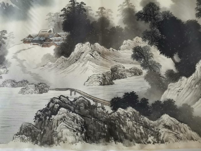 日式傳統絹本山水掛軸，昭和初期谷川彩鳳創作，尺寸嚴選古風雅致絹本