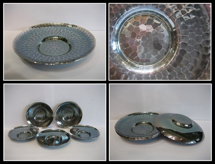 勇福堂》】日本茶道具－松榮堂造【純銀鎚目圓式茶托5客】共箱－重386