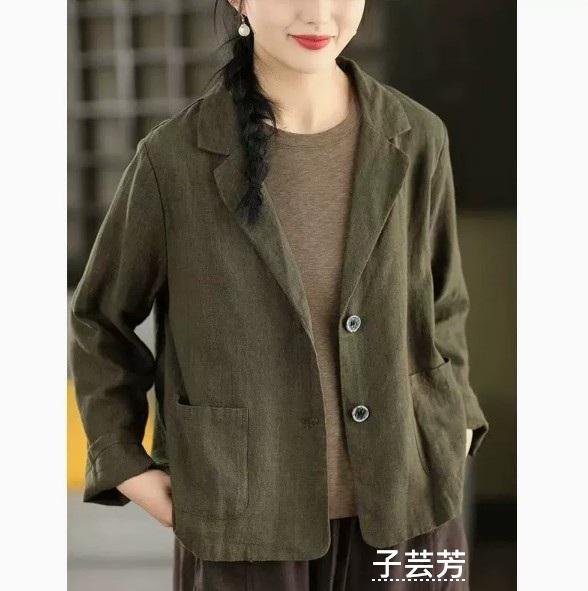 【子芸芳】復古敦實砂洗100%亞麻西裝外套內裡包邊開襟衫外搭上衣