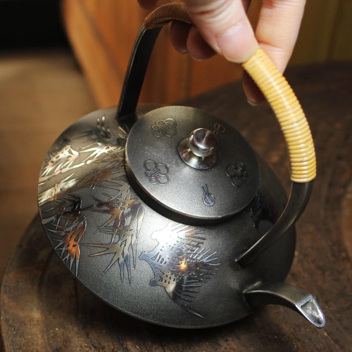 桑園の】老日本薩摩錫器厚胎錫709g 松竹梅錫壺淺田錫器本錫一壺五杯