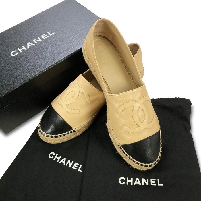 [極新品] Chanel 香奈兒 Espadrilles Beige & Black 經典小羊皮平底草編鞋 39號