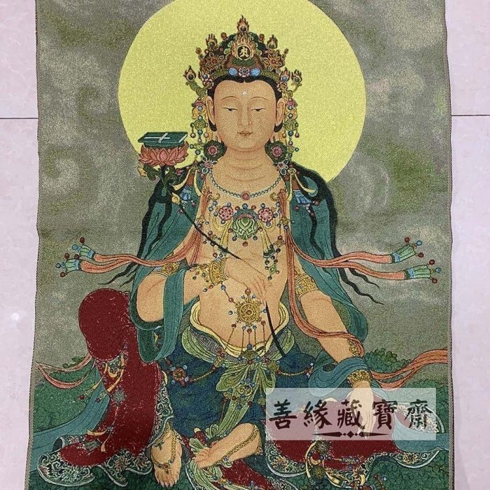 精美刺繍 唐卡 中堂画 観音菩薩 招財童子 布製 掛け軸 精美刺繍 唐卡