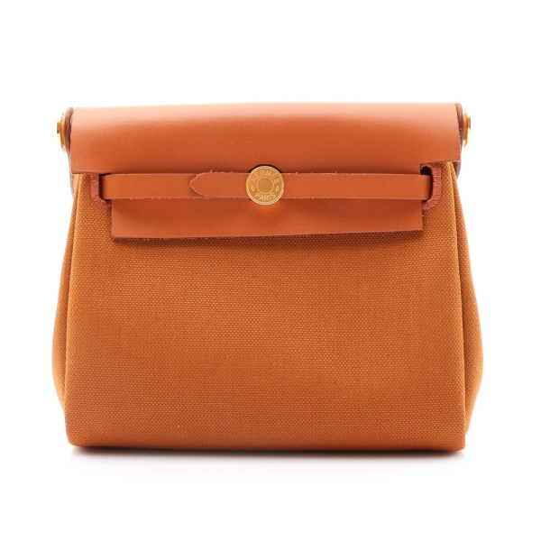 HERMES 愛馬仕 金棕色 牛皮/帆布 Herbag Zip 20 Mini 肩背包 G刻 金釦 【二手名牌BRAND OFF】