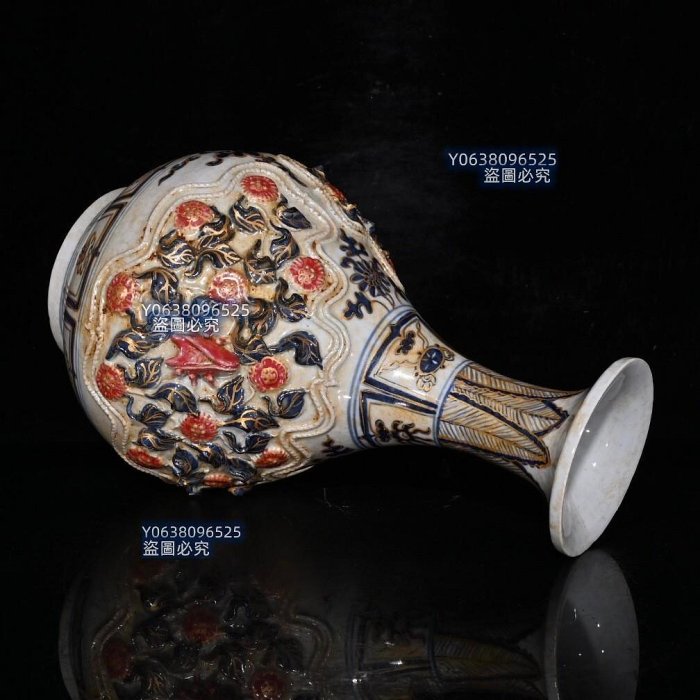 代白滸孤窯青花釉裡紅描金雕刻捏花玉壺春瓶（35×21cm）5001419 青花