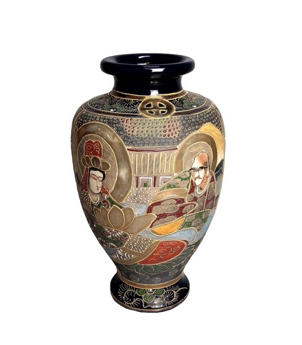 日本古美術/薩摩燒古花瓶金襴手細工人物紋，琉璃釉，飾金開片