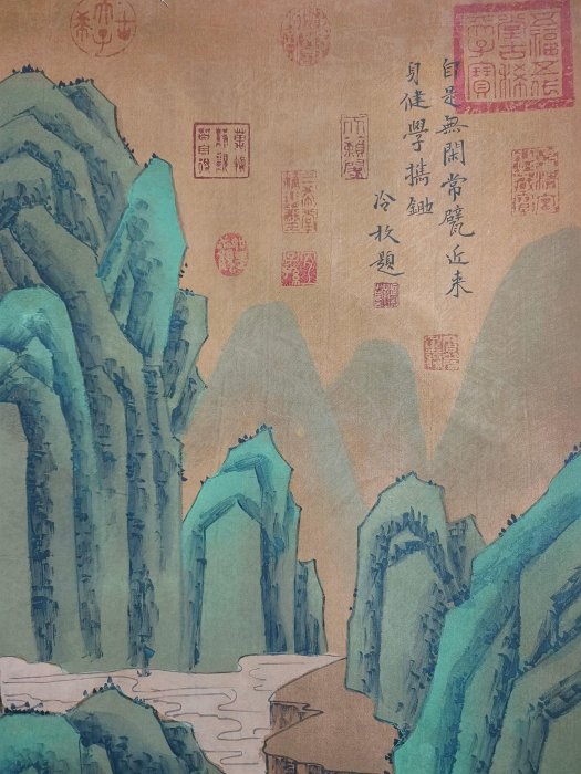 DX44《唐寅山水》六尺絹布手繪材質：老絹，雙軸老瓷頭裝裱尺寸：270cm