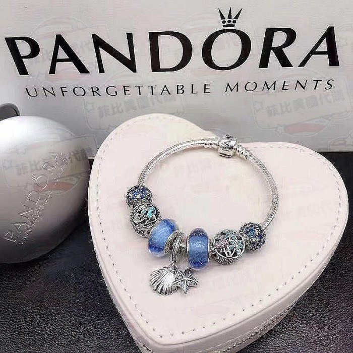 精選二手PANDORA 潘朵拉 925純銀 手鍊+7顆珠 貝殼 藍珠 海星 樹 藍色海洋 成品鍊