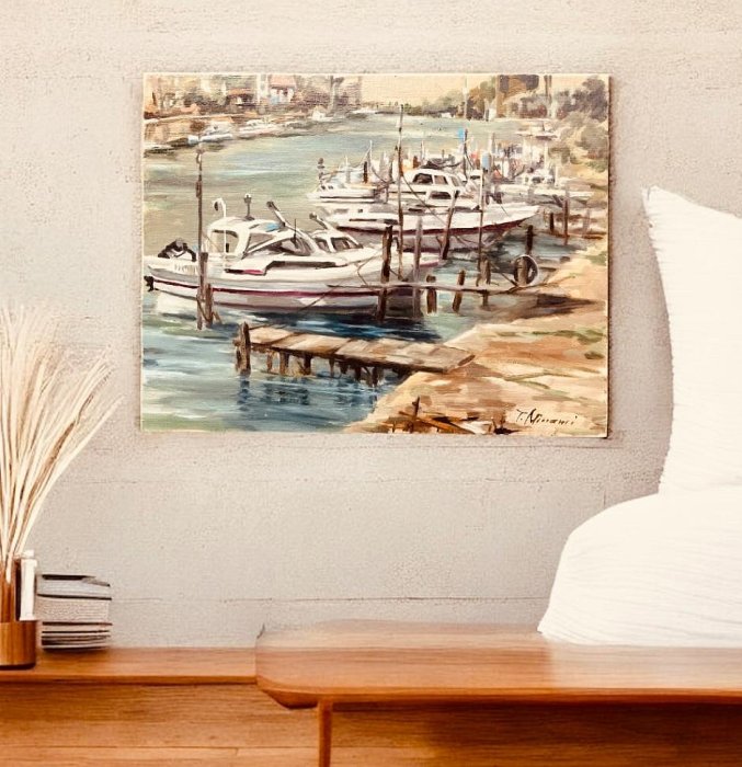 2/5結標鳥取名家南雄也大型手繪油畫寧靜停泊_數艘船靜靜地停靠在碼頭