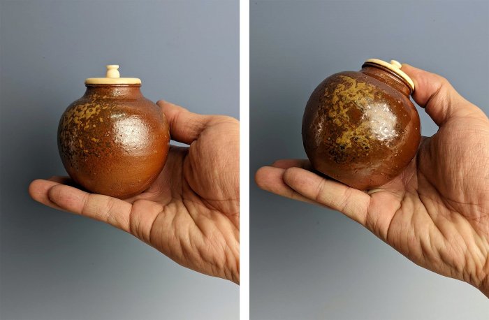 備前陶古窯　茶入 日本古美術/備前燒木村陶峰文琳茶入，共箱共布套/茶罐/茶道具≡≡ 溯源