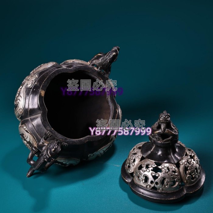 純銅高浮雕鏨刻鎏銀龍耳熏香爐工藝精湛器型款美高18厘米寬19厘古玩古董