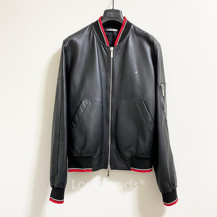 路易好貨｜DIOR HOMME 黑色真皮 金屬 BEE LOGO裝飾 MA-1 飛行外套 皮衣 46