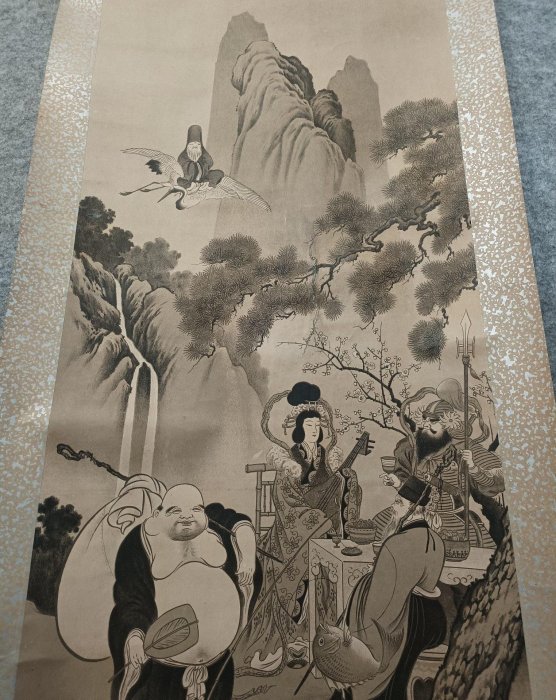 嚴選狩野信七福神書畫掛軸，老木軸手工縫裱，155x42cm真跡重現佛畫藝術