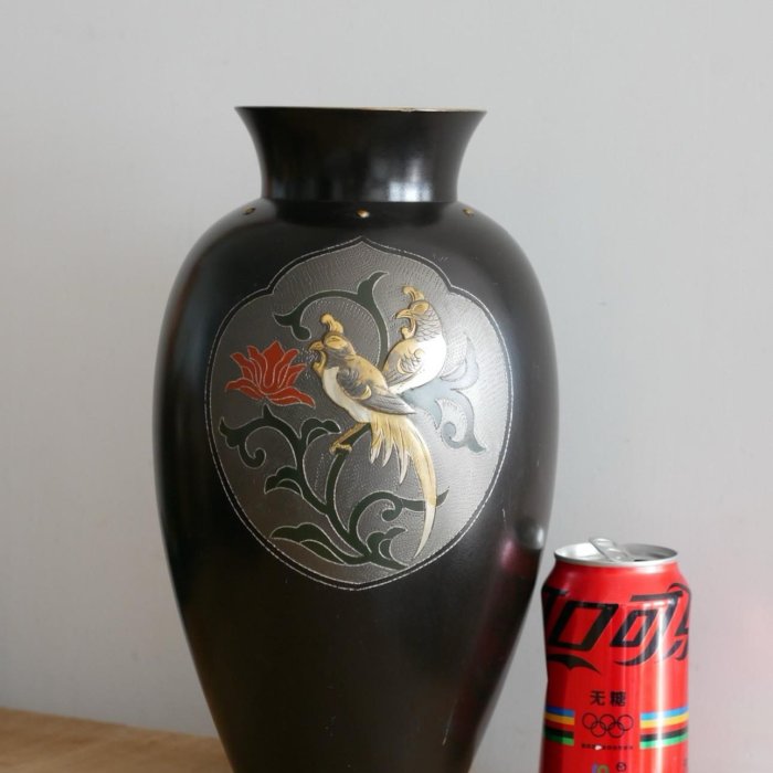 陶酔】 唐銅鳳凰桐金銀象嵌瓶掛 一双 五郎三郎