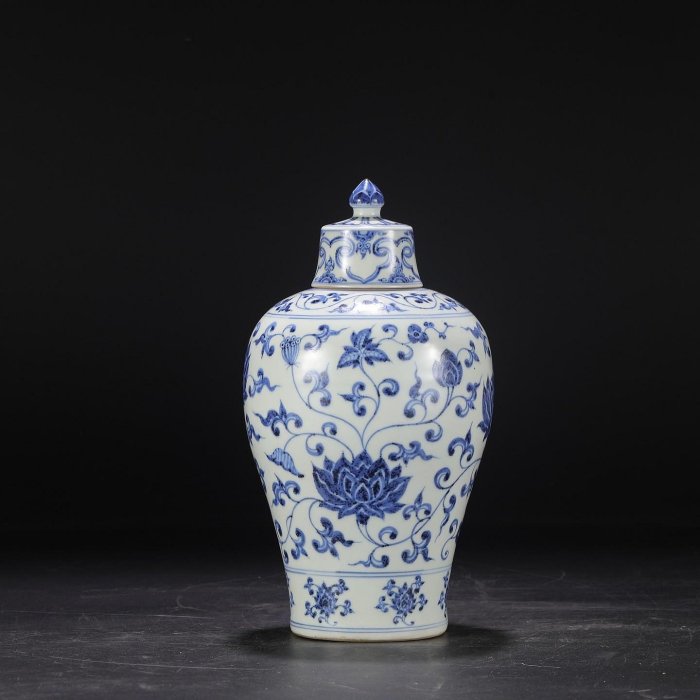 ※中国古美術/明代/五彩纏枝蓮花紋梅瓶/(底款:大明永楽年製) 明代永樂青花纏枝蓮紋帶蓋大梅瓶尺寸：高30.5公分口徑4.5公分肚徑16