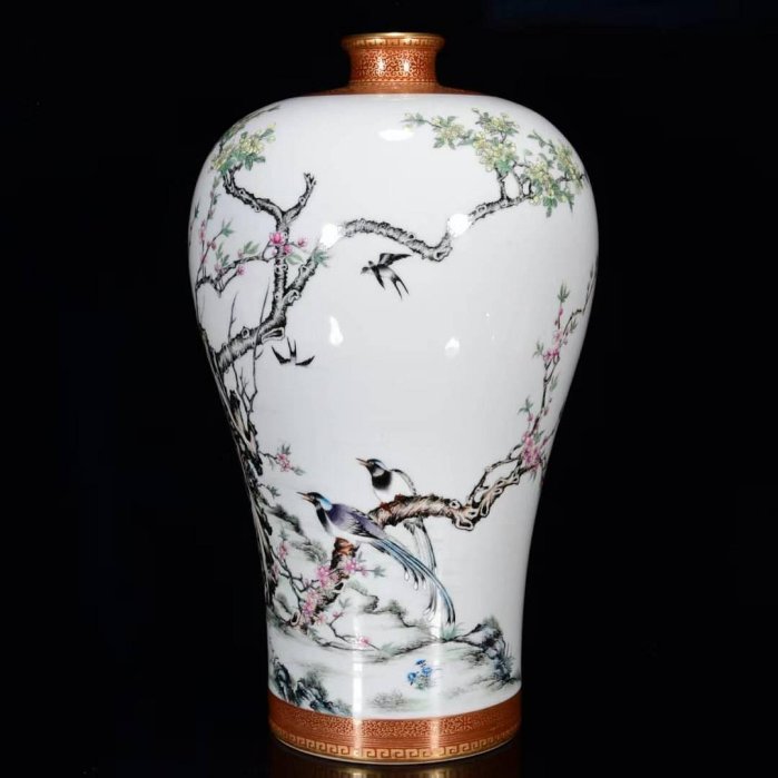 清雍正年粉彩描金花鳥紋梅瓶31*17m3500 古玩收藏老物件【古雅庭軒