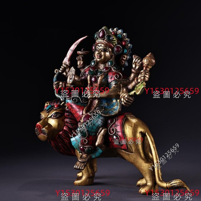 尼泊爾寺院收老純銅純手工打造鑲嵌寶石彩繪描金六臂騎獅護法神重2340克
