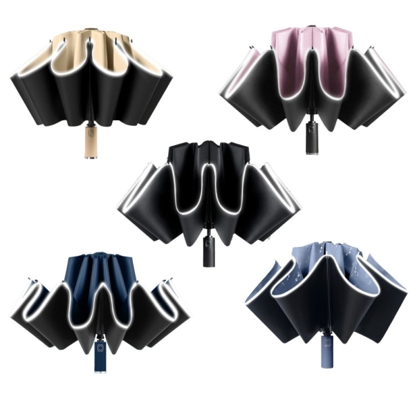 【UF72+】UF-099抗UV防風10骨黑膠三折晴雨兩用自動反向傘(夜間傘邊條反光2倍)