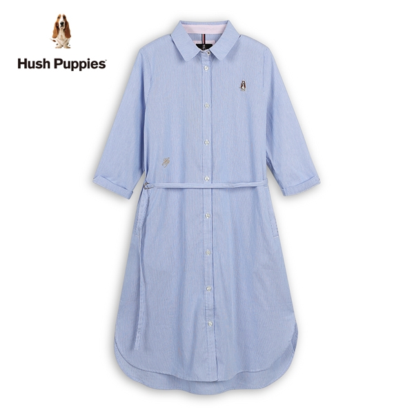 Hush Puppies 洋裝 女裝知性直條紋腰帶襯衫領七分袖洋裝