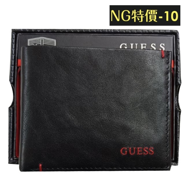 【NG特價-10】Guess 男皮夾 短夾 牛皮夾 紅色GUESS Logo 雙鈔夾 品牌盒裝／黑色